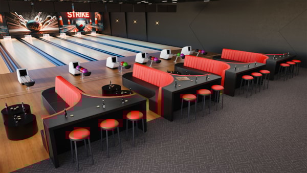 Strike - Red & Black BOWLING Seating Package with Bar Stools